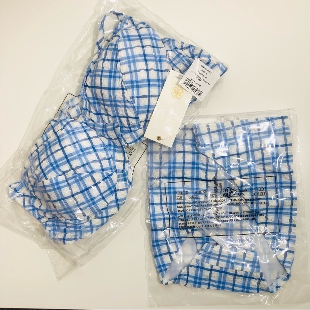 NWT Tory Burch Plaid Underwire Bikini Top Hipster Bikini Bottom Se Blue size L - Picture 8 of 13